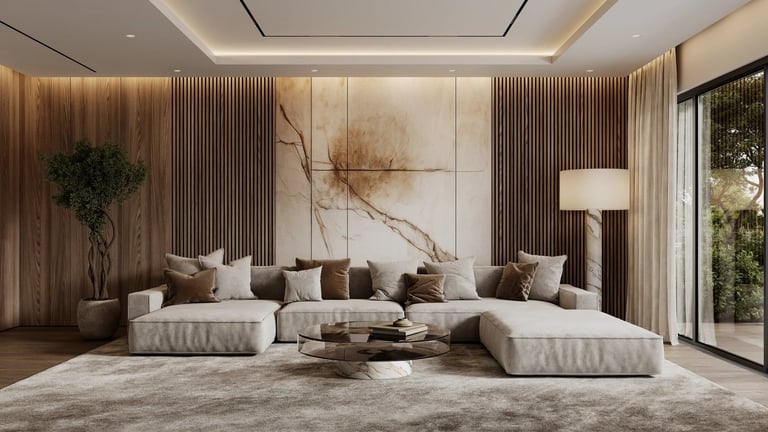 Modern luxury living room with a large curved sectional sofa, wooden accent walls, marble artwork, and floor-to-ceiling windows